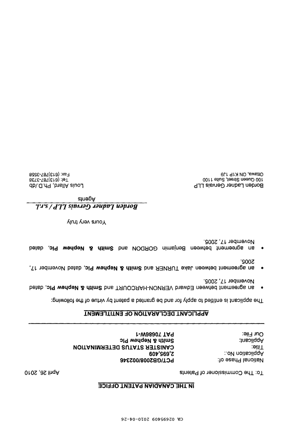 Canadian Patent Document 2695409. Correspondence 20091226. Image 2 of 2