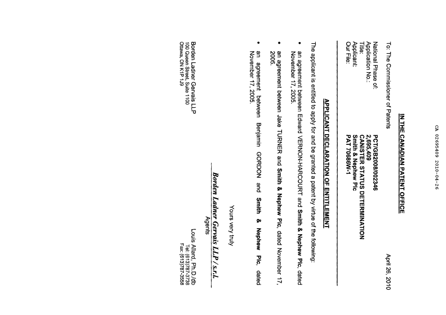Document de brevet canadien 2695409. Correspondance 20091226. Image 2 de 2