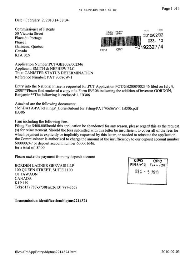 Document de brevet canadien 2695409. Cession 20100202. Image 1 de 3