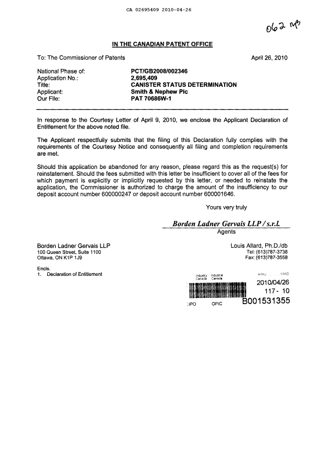 Document de brevet canadien 2695409. Correspondance 20100426. Image 1 de 2