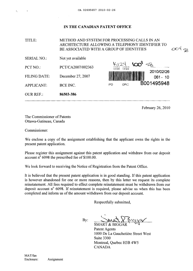 Document de brevet canadien 2695657. Cession 20100226. Image 1 de 7