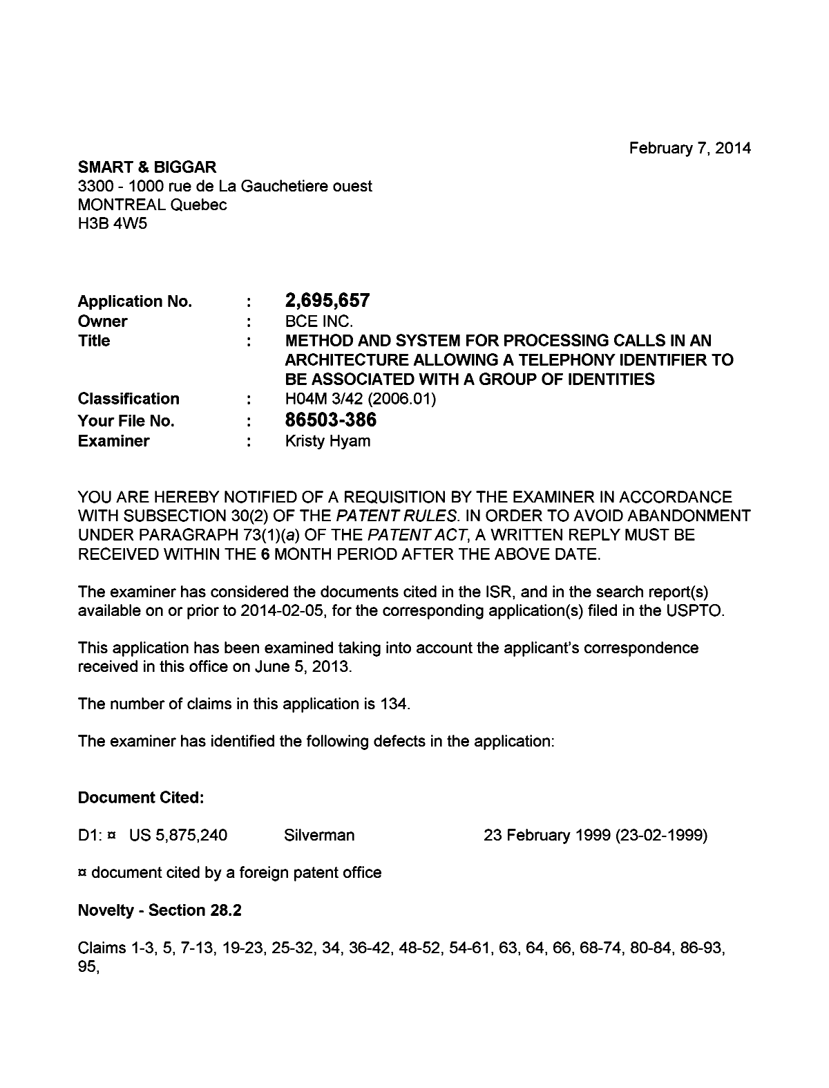 Canadian Patent Document 2695657. Prosecution-Amendment 20131207. Image 1 of 5