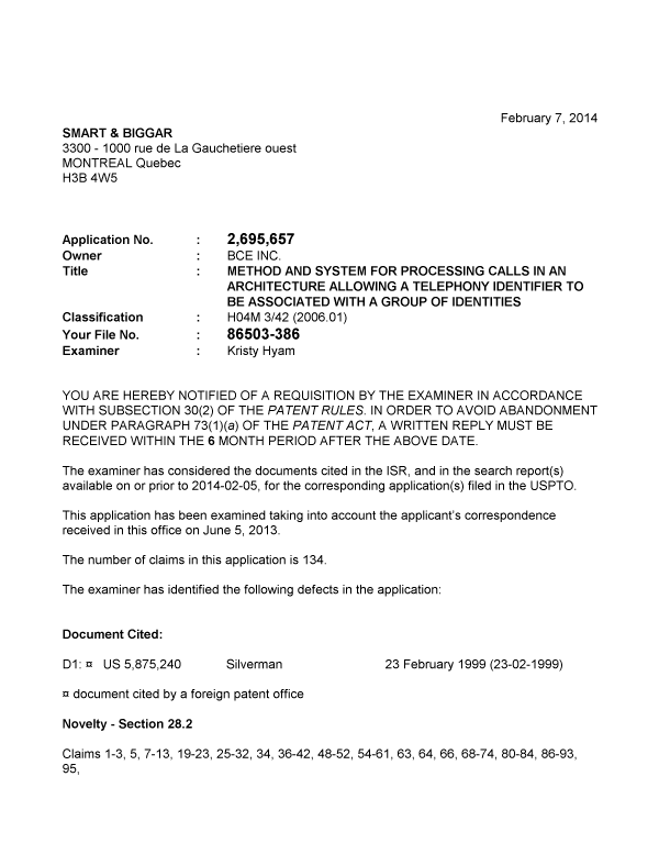 Document de brevet canadien 2695657. Poursuite-Amendment 20140207. Image 1 de 5
