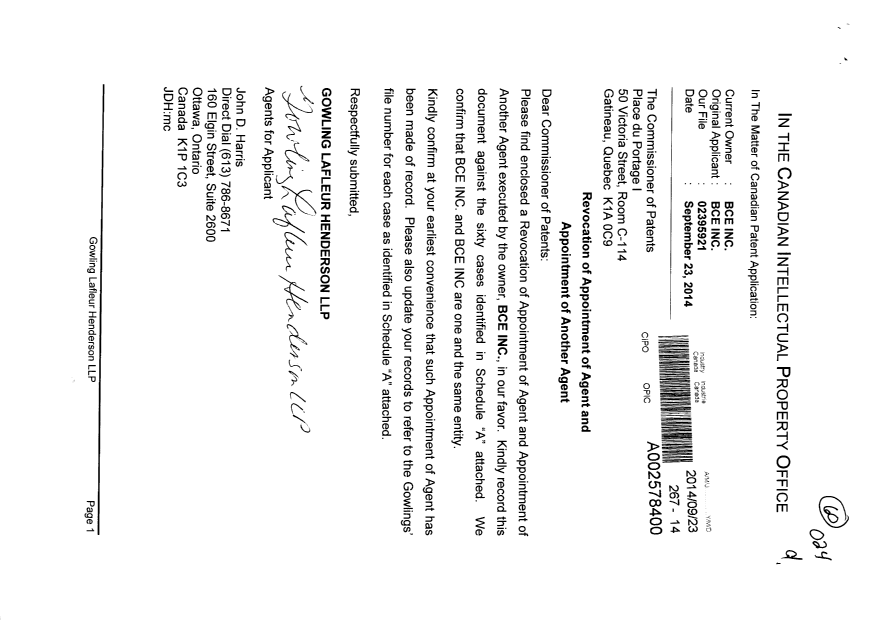 Document de brevet canadien 2695657. Correspondance 20140923. Image 1 de 6