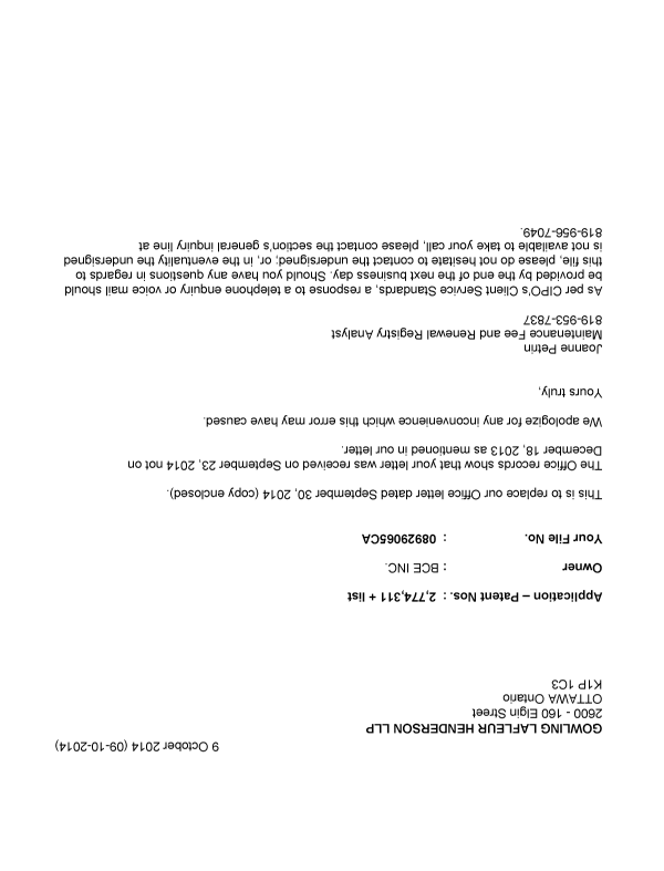 Canadian Patent Document 2695657. Correspondence 20141009. Image 1 of 1