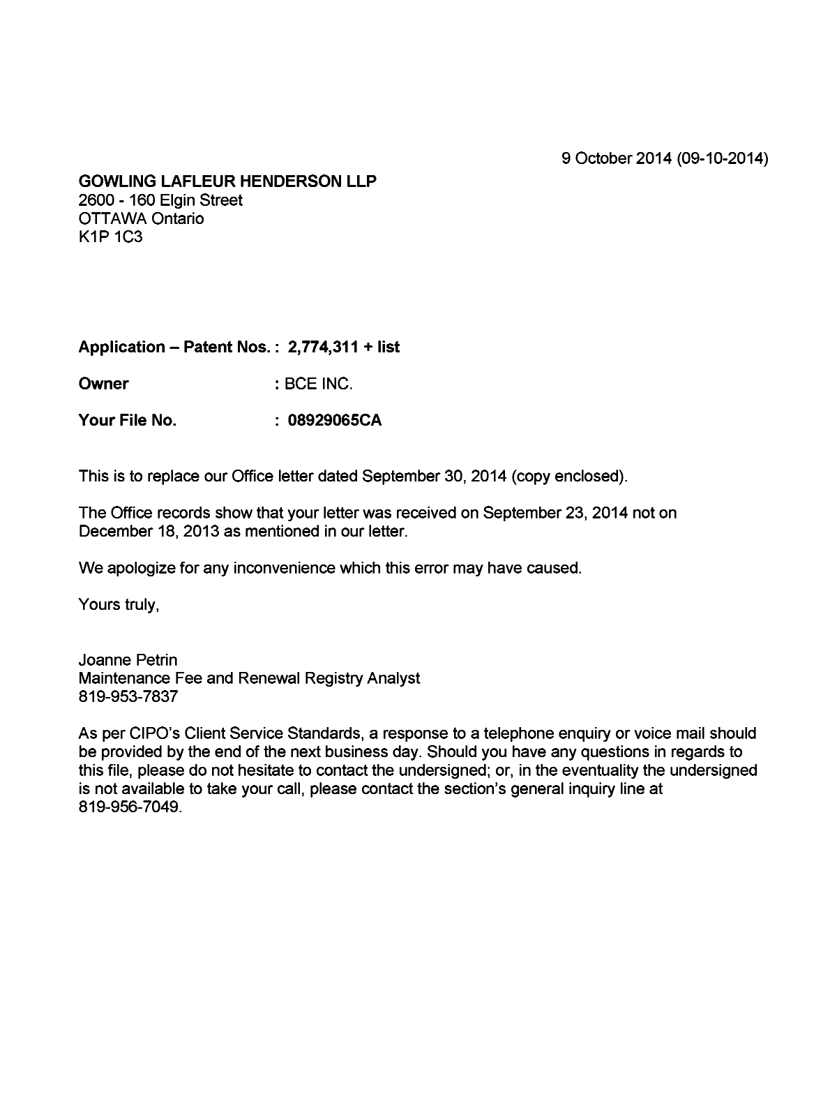 Document de brevet canadien 2695657. Correspondance 20141009. Image 1 de 1