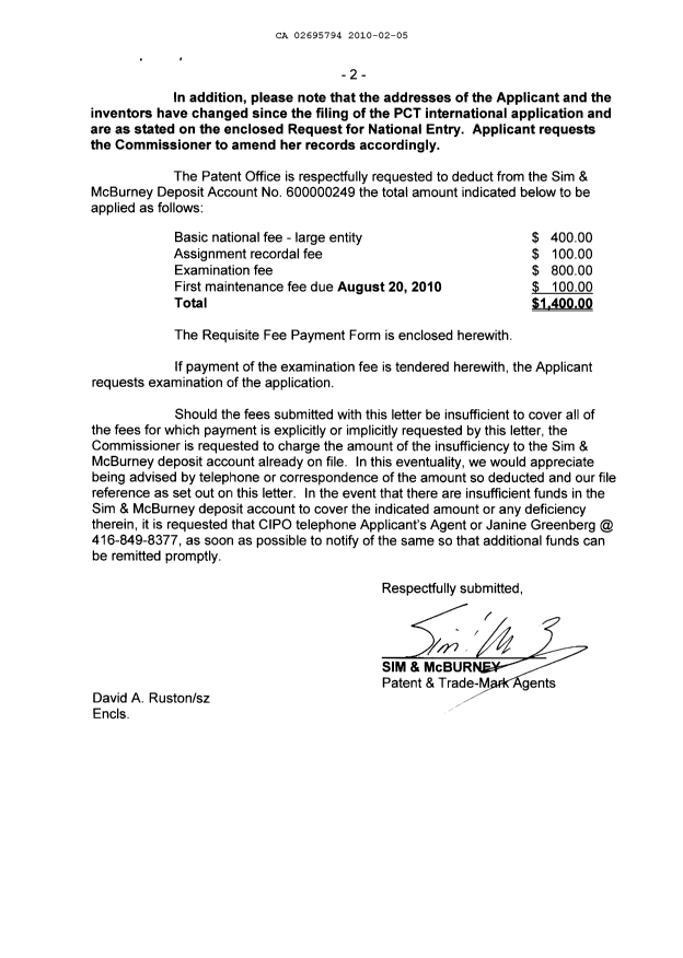 Document de brevet canadien 2695794. Cession 20100205. Image 2 de 12