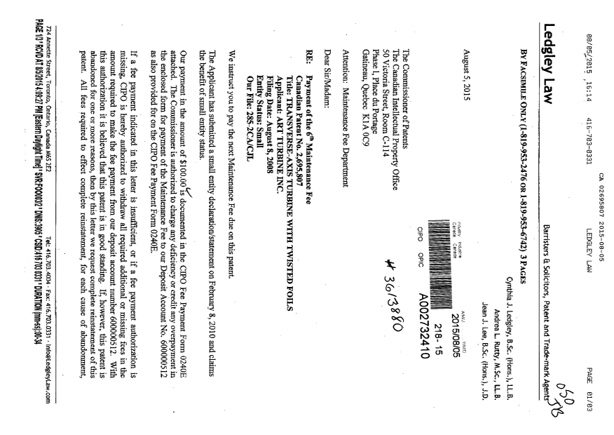 Document de brevet canadien 2695807. Paiement de taxe périodique 20150805. Image 1 de 2