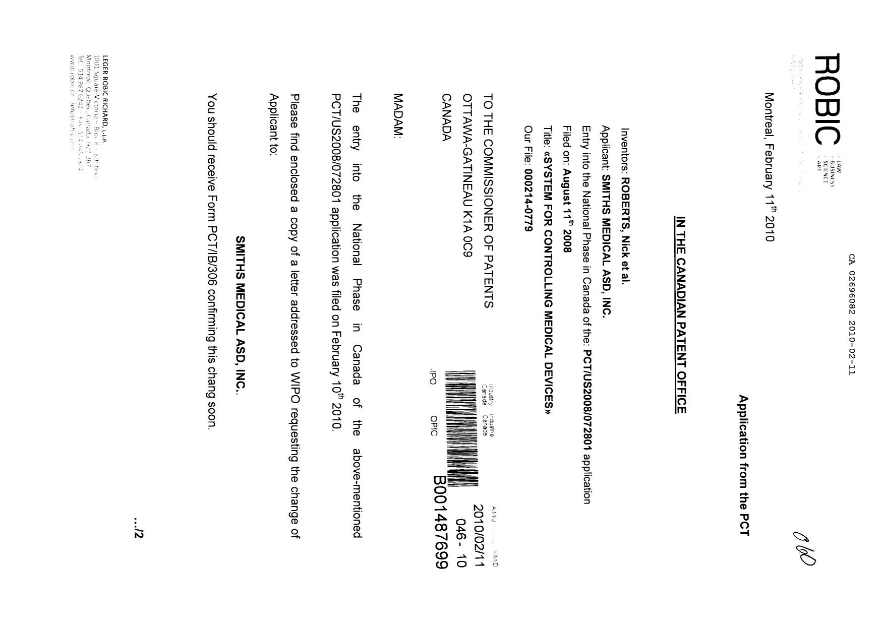 Canadian Patent Document 2696082. Correspondence 20091211. Image 1 of 3
