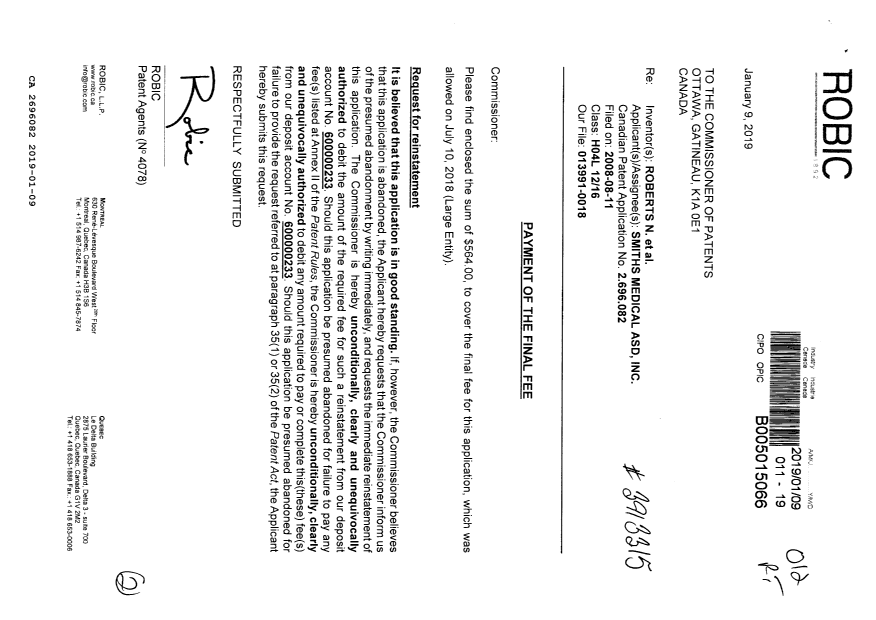 Canadian Patent Document 2696082. Correspondence 20181209. Image 1 of 2