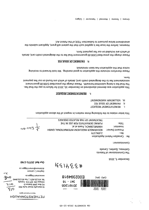 Document de brevet canadien 2696579. Poursuite-Amendment 20151205. Image 1 de 22