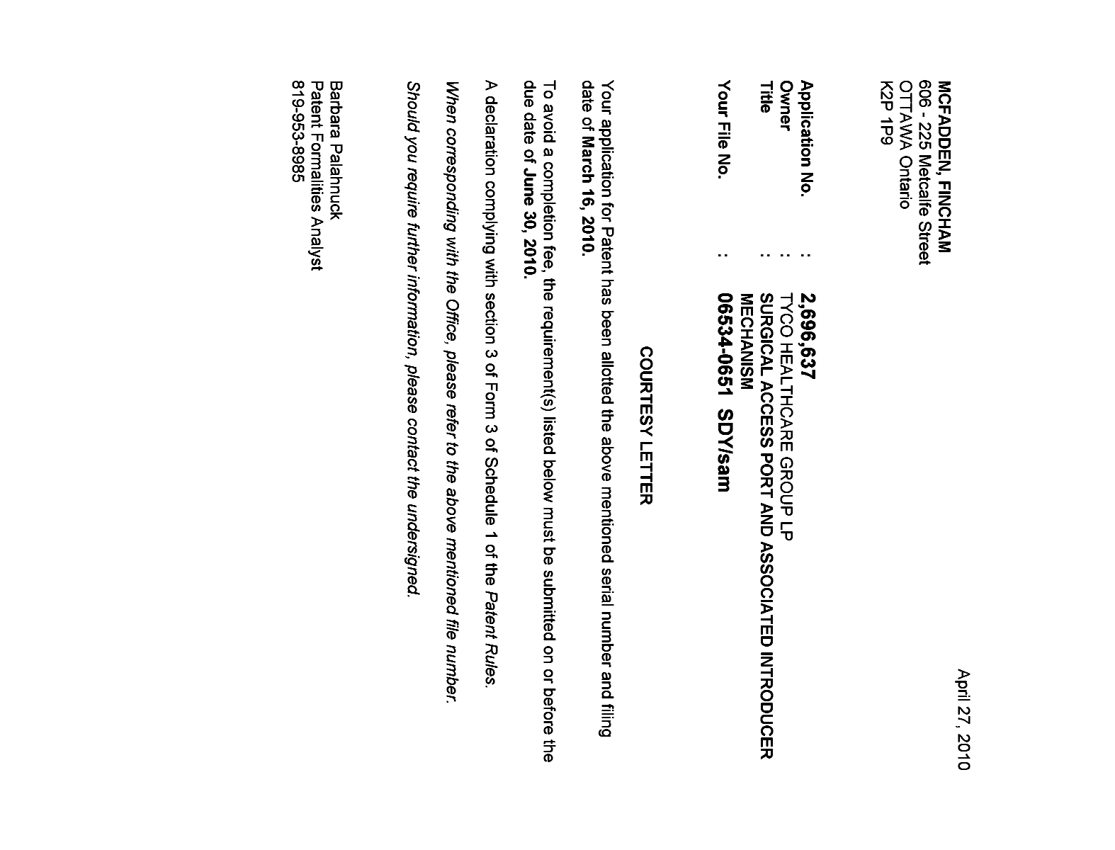 Document de brevet canadien 2696637. Correspondance 20100421. Image 1 de 1
