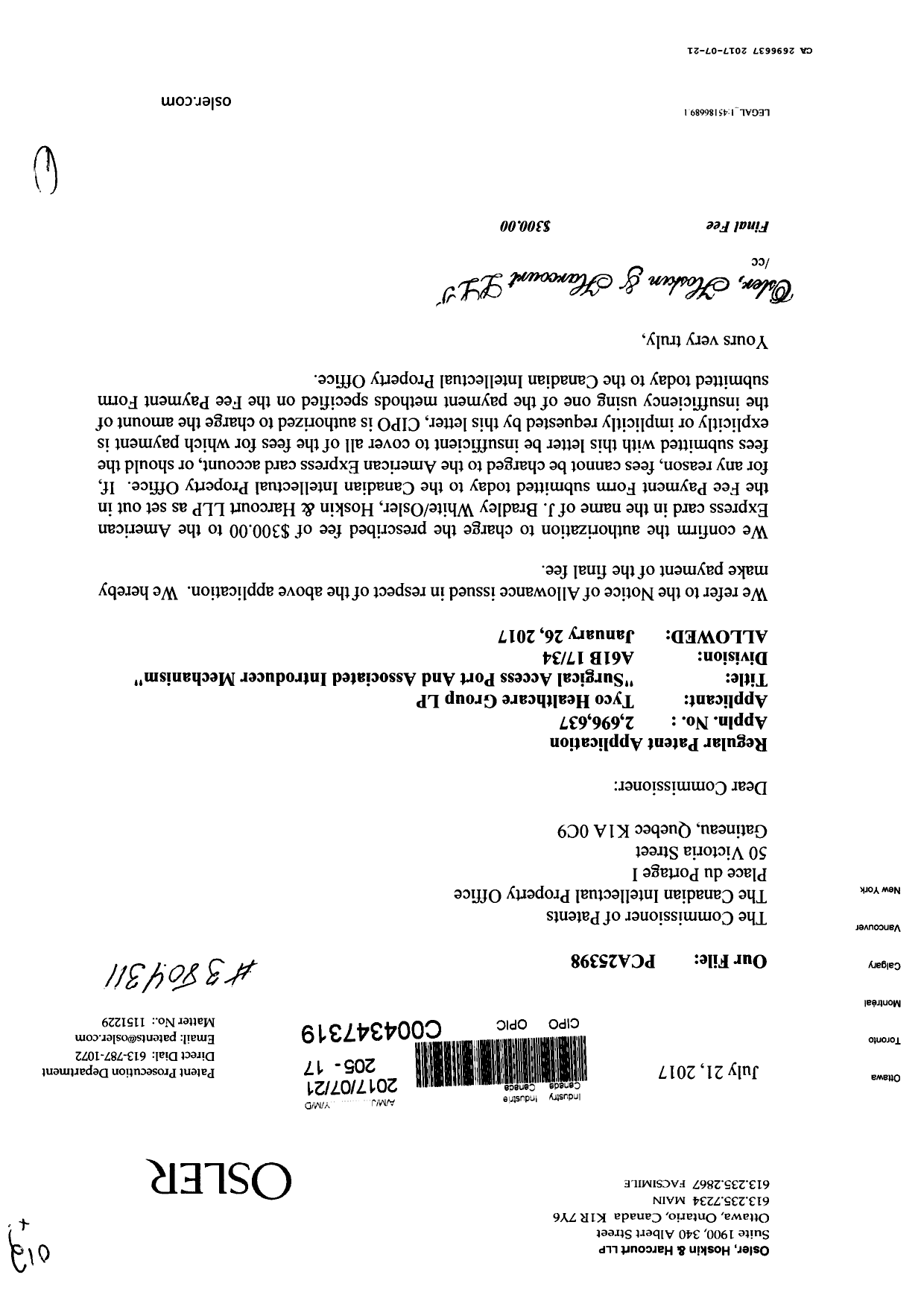 Canadian Patent Document 2696637. Correspondence 20161221. Image 1 of 1