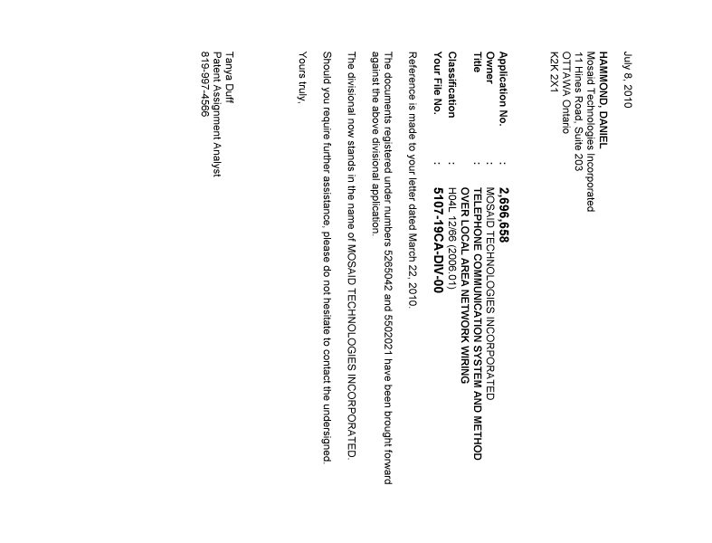 Canadian Patent Document 2696658. Correspondence 20100708. Image 1 of 1