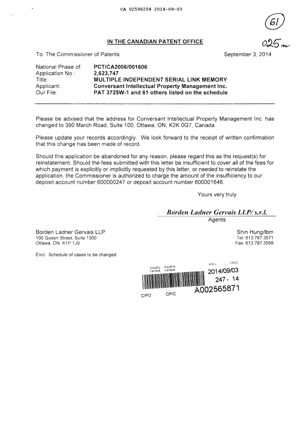Document de brevet canadien 2696658. Cession 20140903. Image 1 de 4