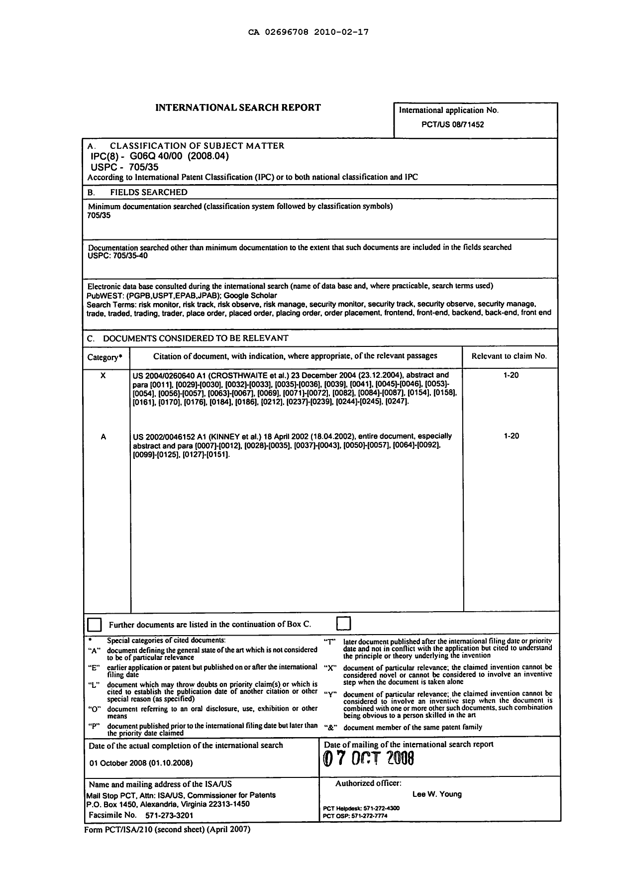 Document de brevet canadien 2696708. PCT 20100217. Image 1 de 1