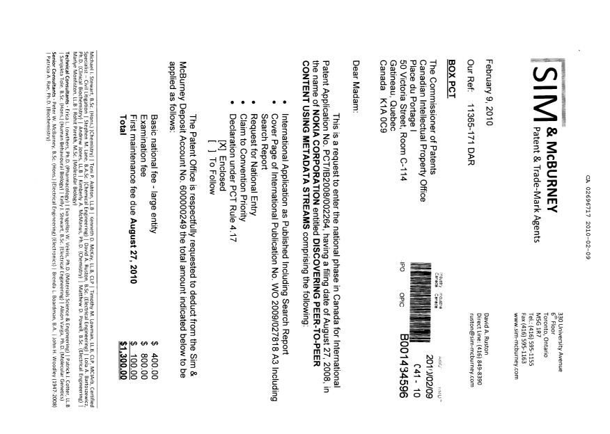 Document de brevet canadien 2696717. Cession 20100209. Image 1 de 5