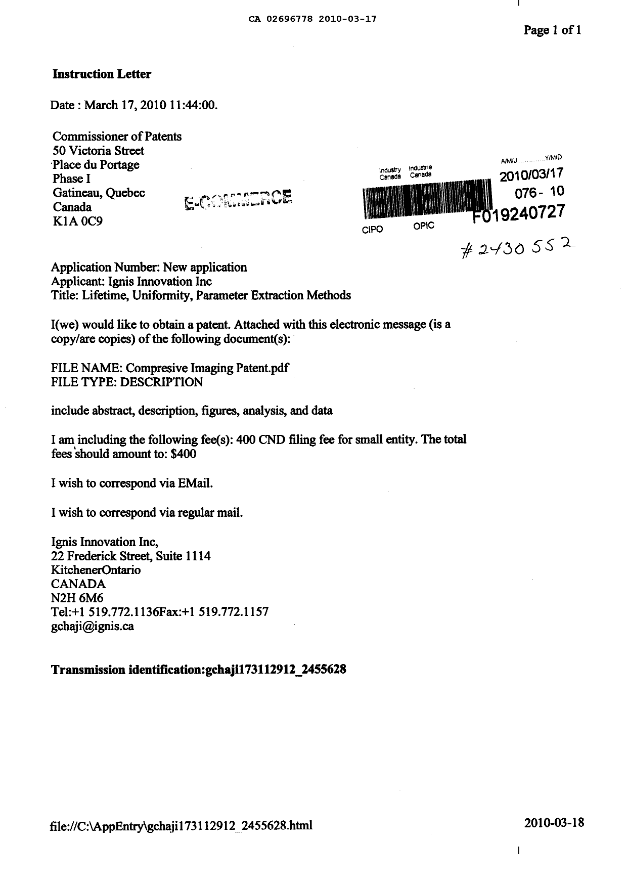 Document de brevet canadien 2696778. Cession 20100317. Image 1 de 3