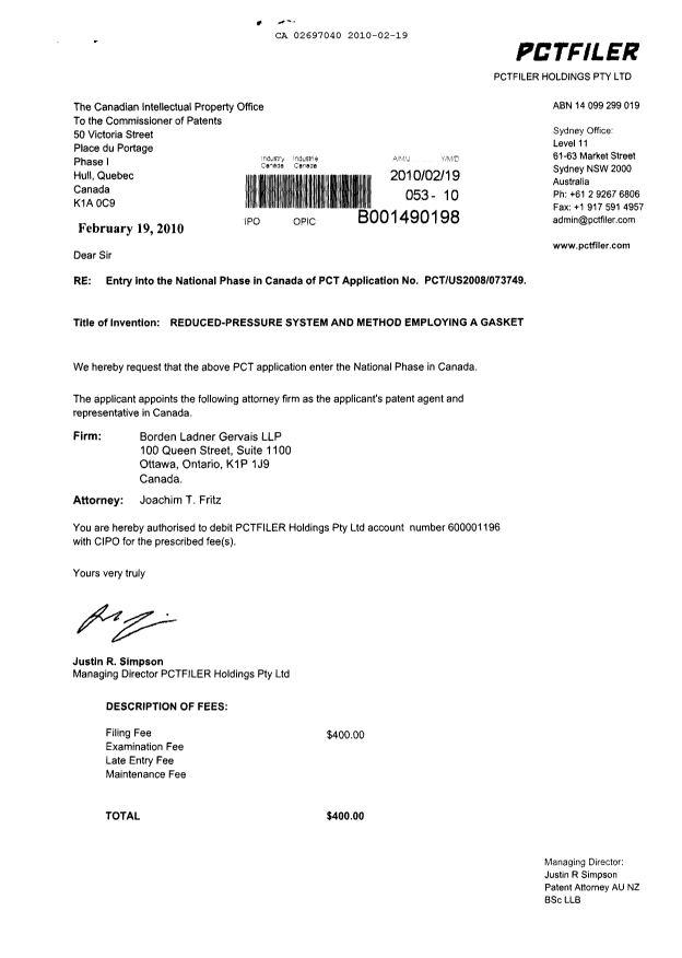 Document de brevet canadien 2697040. Cession 20100219. Image 1 de 3