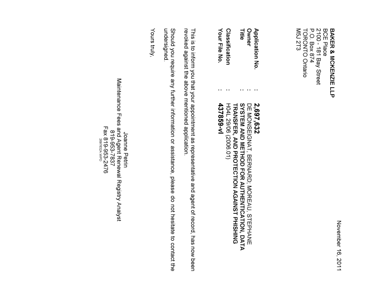Document de brevet canadien 2697632. Correspondance 20111116. Image 1 de 1