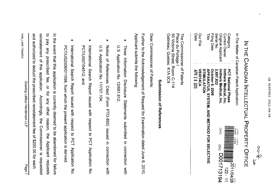 Document de brevet canadien 2697822. Poursuite-Amendment 20110428. Image 1 de 2