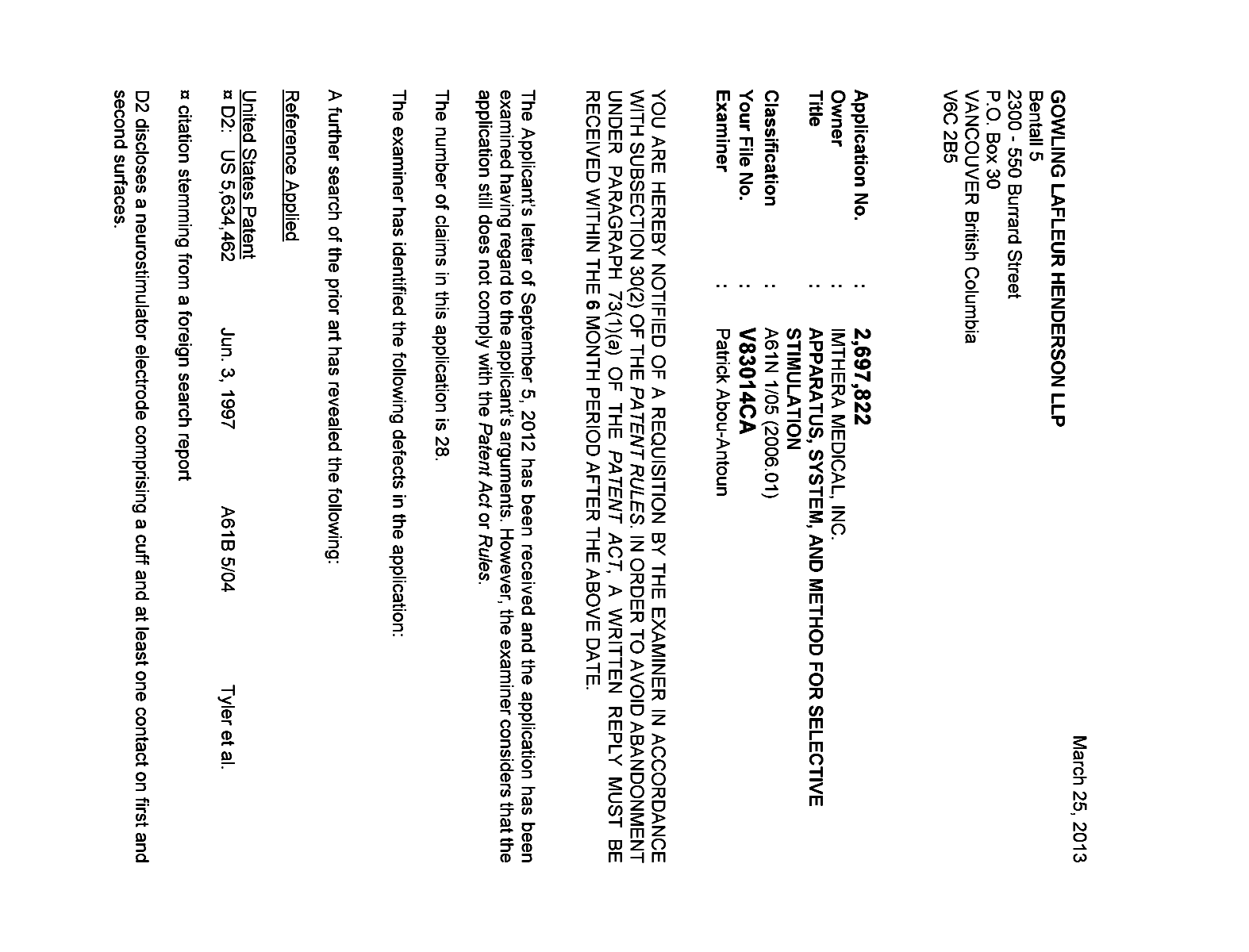 Canadian Patent Document 2697822. Prosecution-Amendment 20130325. Image 1 of 3
