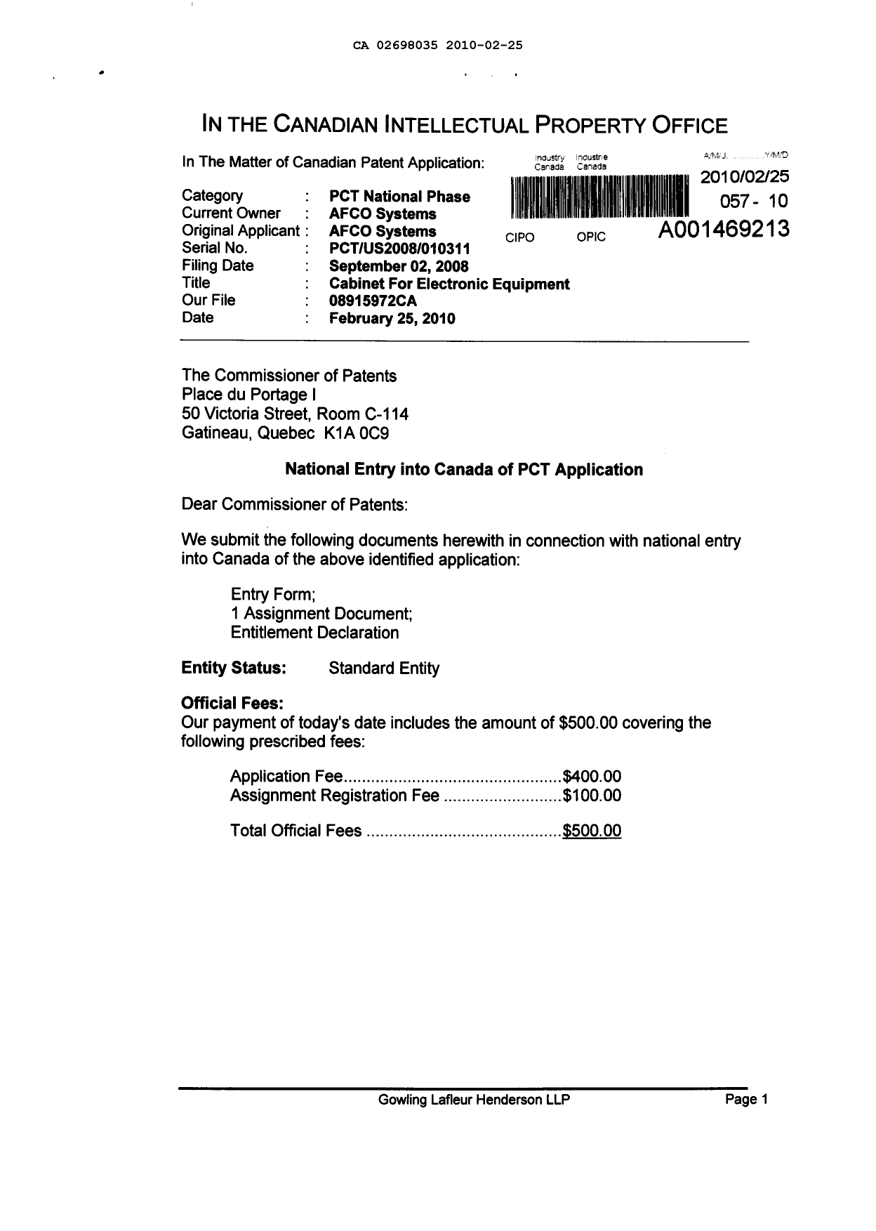 Document de brevet canadien 2698035. Cession 20100225. Image 1 de 13