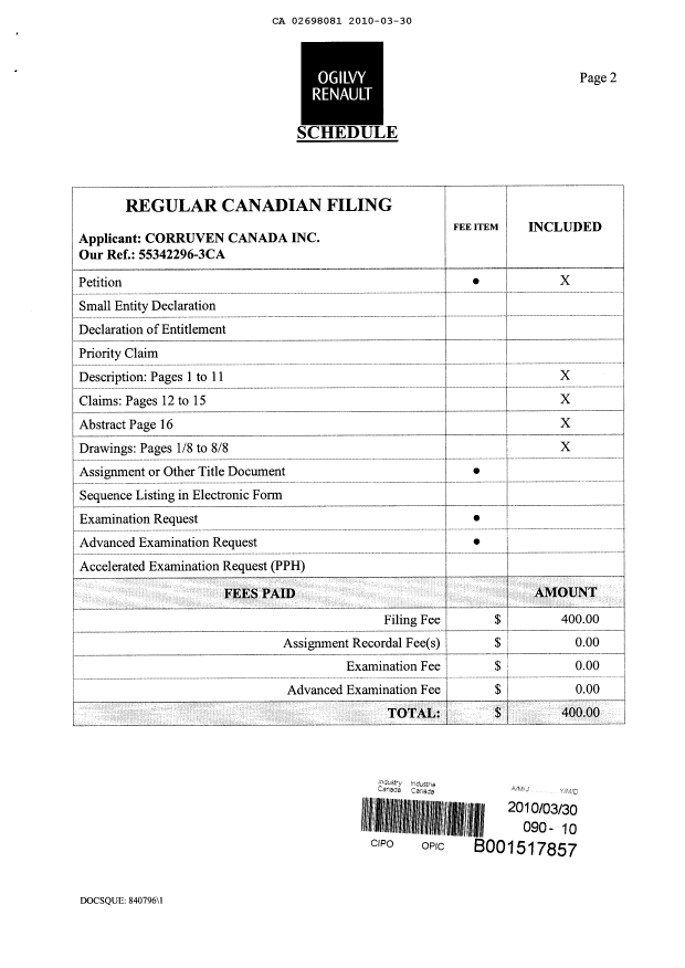 Document de brevet canadien 2698081. Cession 20100330. Image 2 de 3