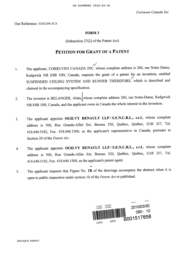 Document de brevet canadien 2698081. Cession 20100330. Image 3 de 3