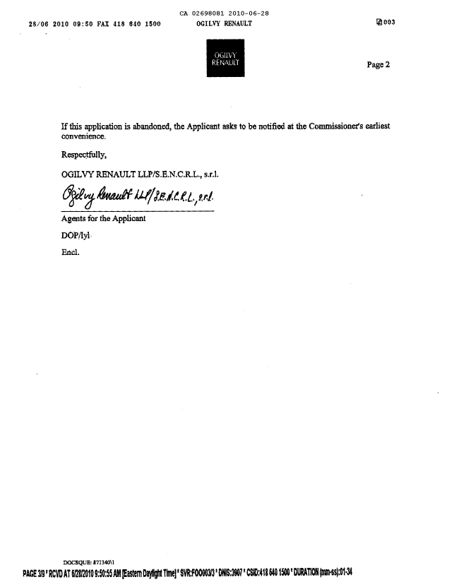 Document de brevet canadien 2698081. Correspondance 20100628. Image 2 de 3