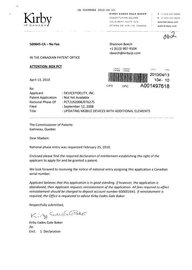 Document de brevet canadien 2698684. Correspondance 20100413. Image 1 de 2