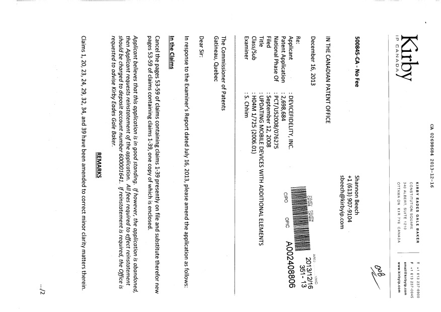 Document de brevet canadien 2698684. Poursuite-Amendment 20131216. Image 1 de 9
