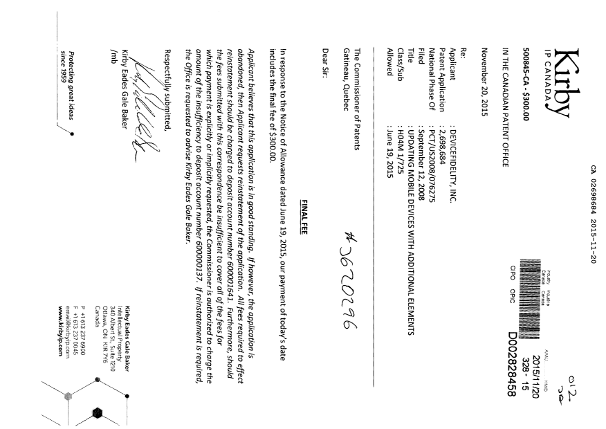 Document de brevet canadien 2698684. Taxe finale 20151120. Image 1 de 1