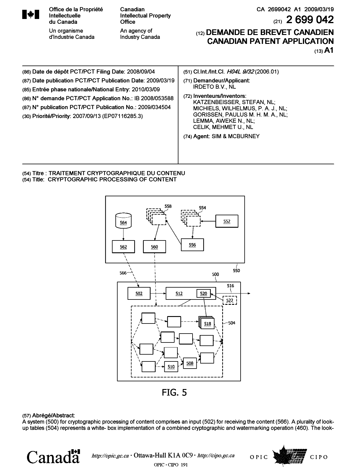 Document de brevet canadien 2699042. Page couverture 20100519. Image 1 de 2