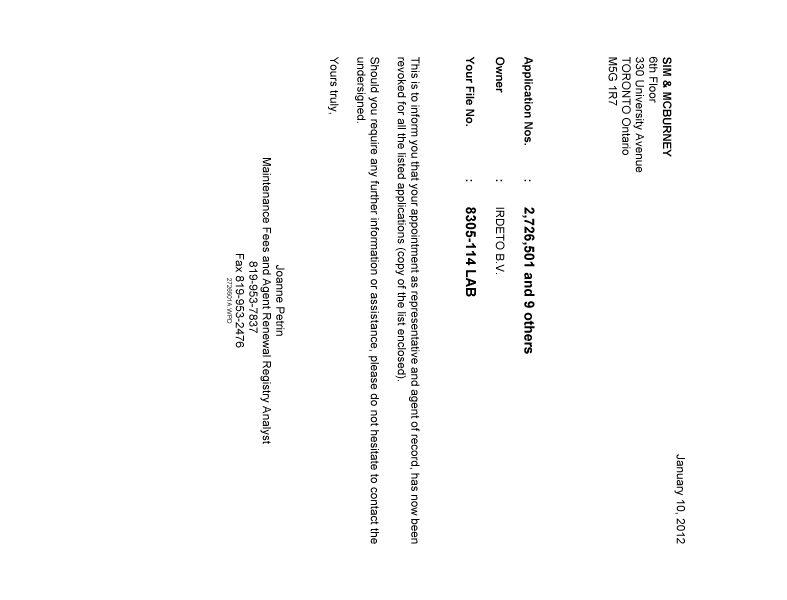 Document de brevet canadien 2699042. Correspondance 20120110. Image 1 de 1