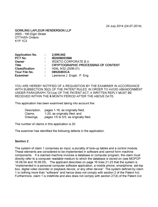 Canadian Patent Document 2699042. Prosecution-Amendment 20140724. Image 1 of 3