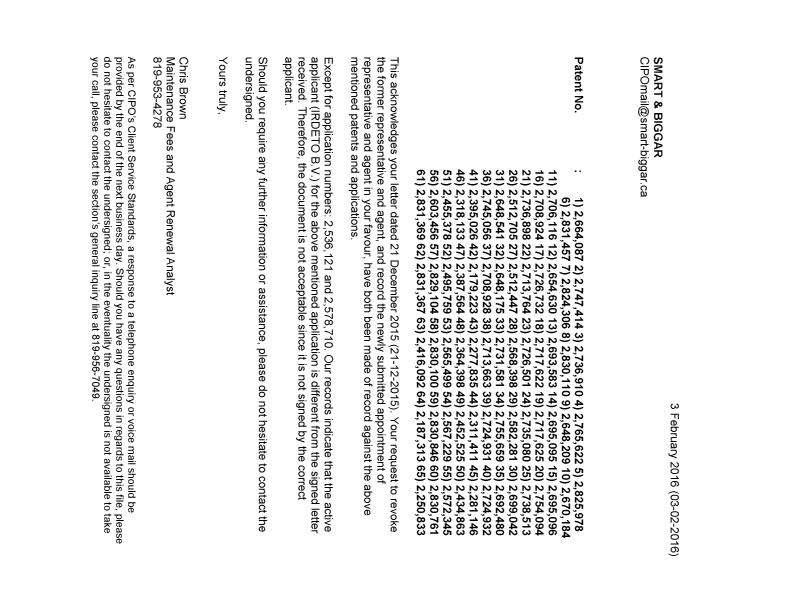 Document de brevet canadien 2699042. Lettre du bureau 20160203. Image 1 de 1