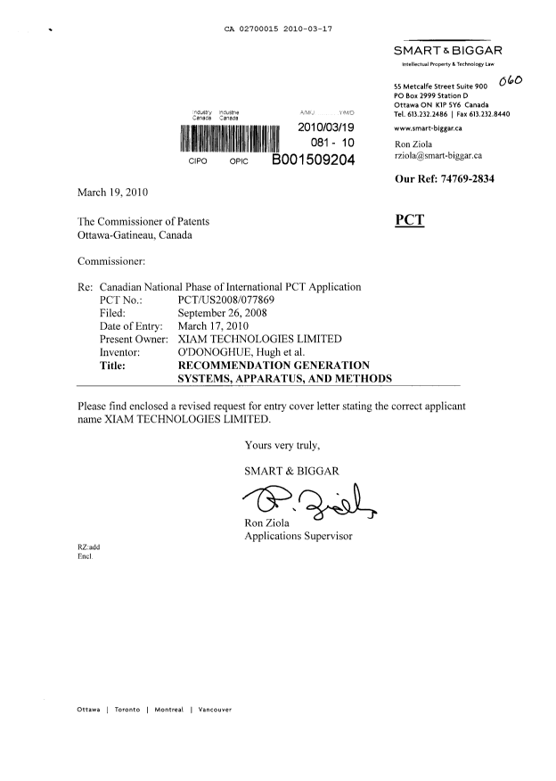 Canadian Patent Document 2700015. Assignment 20100317. Image 1 of 3