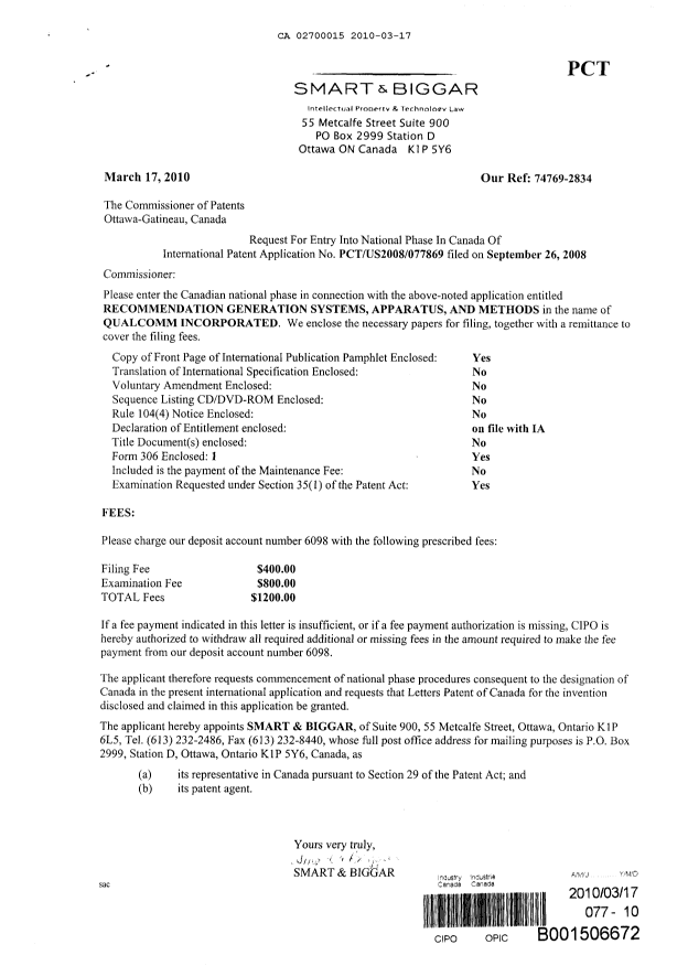 Document de brevet canadien 2700015. Cession 20100317. Image 3 de 3