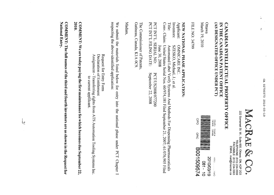Document de brevet canadien 2700373. Cession 20100319. Image 1 de 7