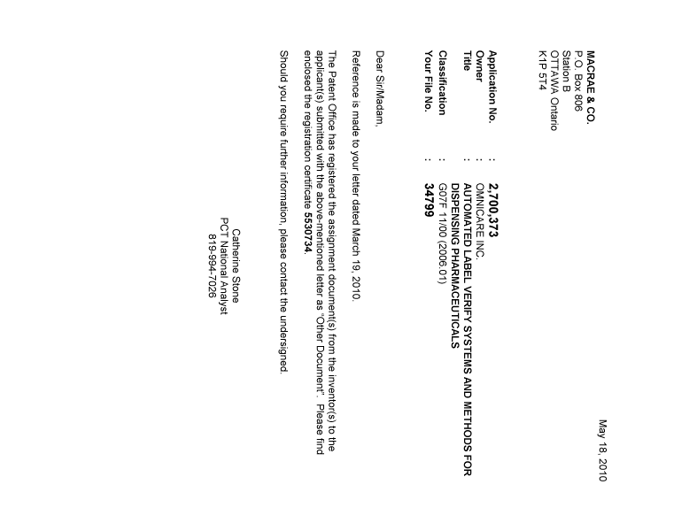 Canadian Patent Document 2700373. Correspondence 20100518. Image 1 of 1
