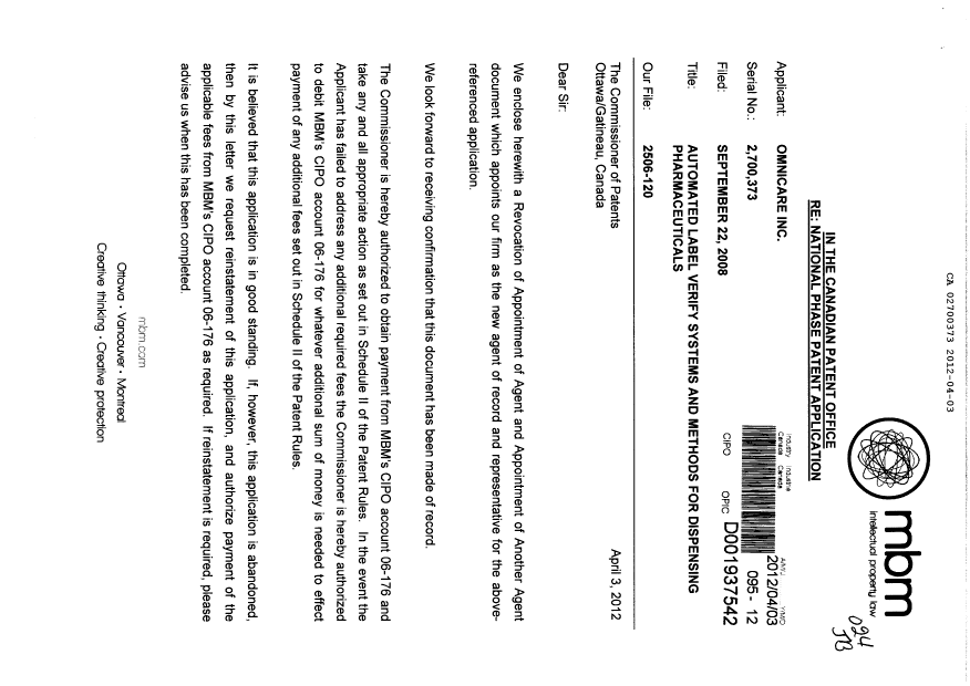 Canadian Patent Document 2700373. Correspondence 20120403. Image 1 of 3
