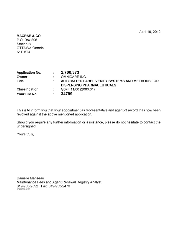 Document de brevet canadien 2700373. Correspondance 20120416. Image 1 de 1