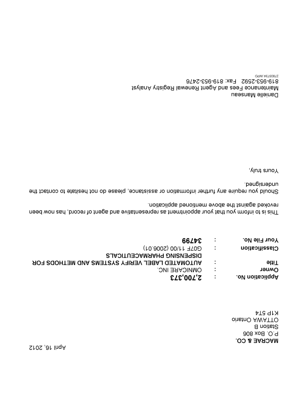 Canadian Patent Document 2700373. Correspondence 20120416. Image 1 of 1