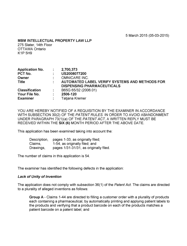 Document de brevet canadien 2700373. Poursuite-Amendment 20150305. Image 1 de 4