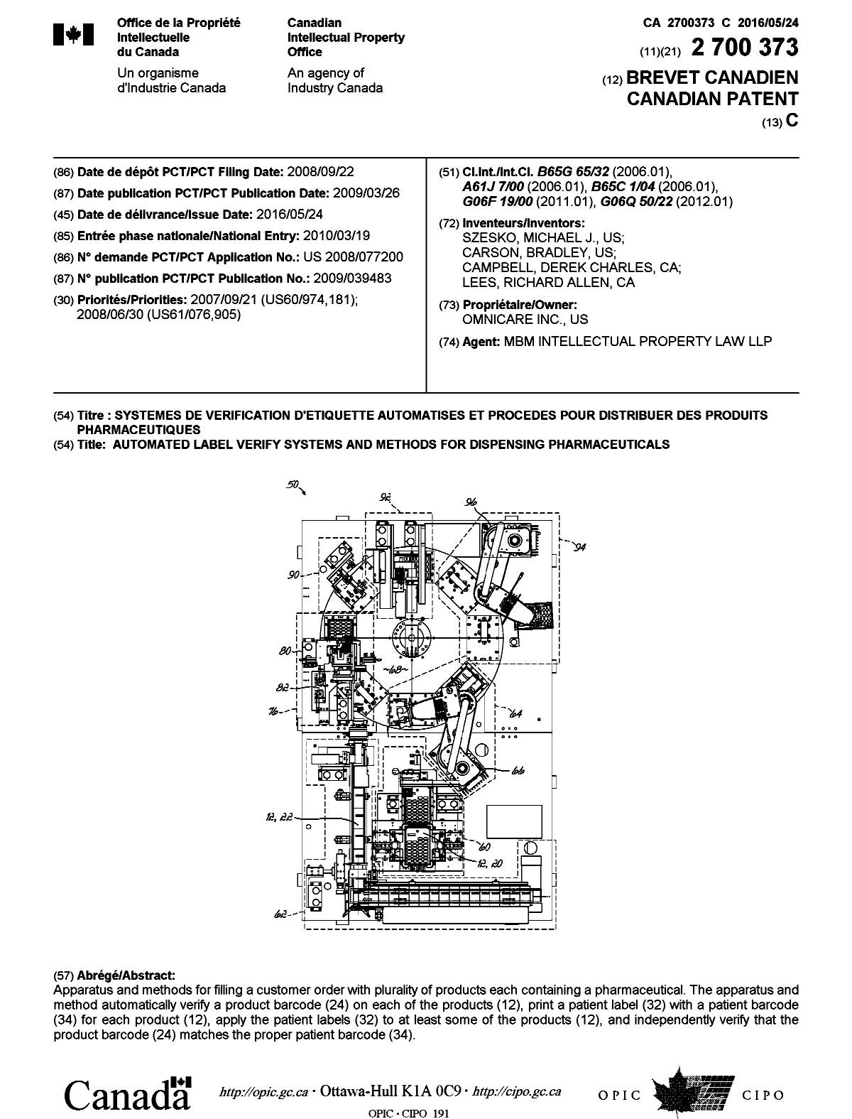 Document de brevet canadien 2700373. Page couverture 20160405. Image 1 de 1