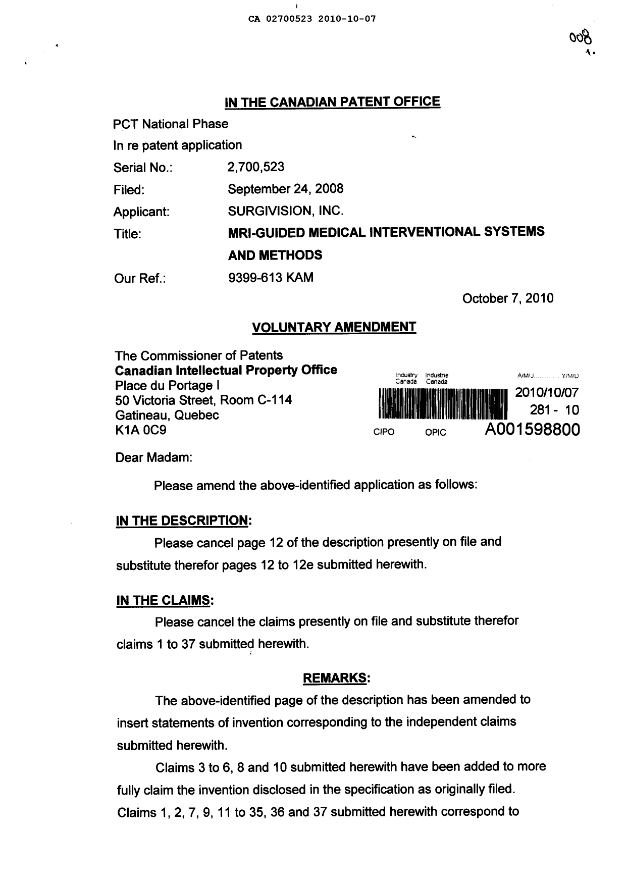 Document de brevet canadien 2700523. Poursuite-Amendment 20101007. Image 1 de 18