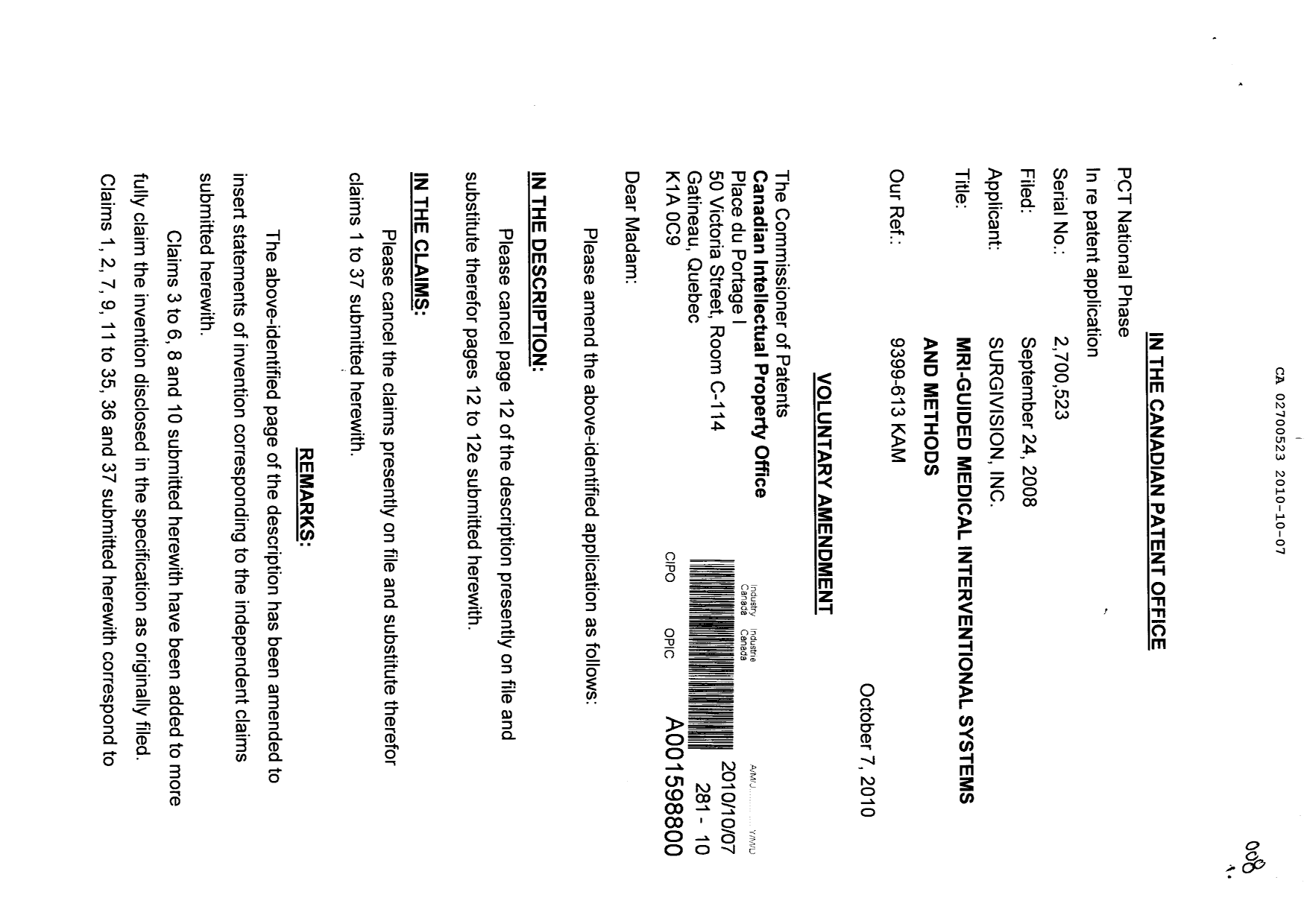 Canadian Patent Document 2700523. Prosecution-Amendment 20101007. Image 1 of 18