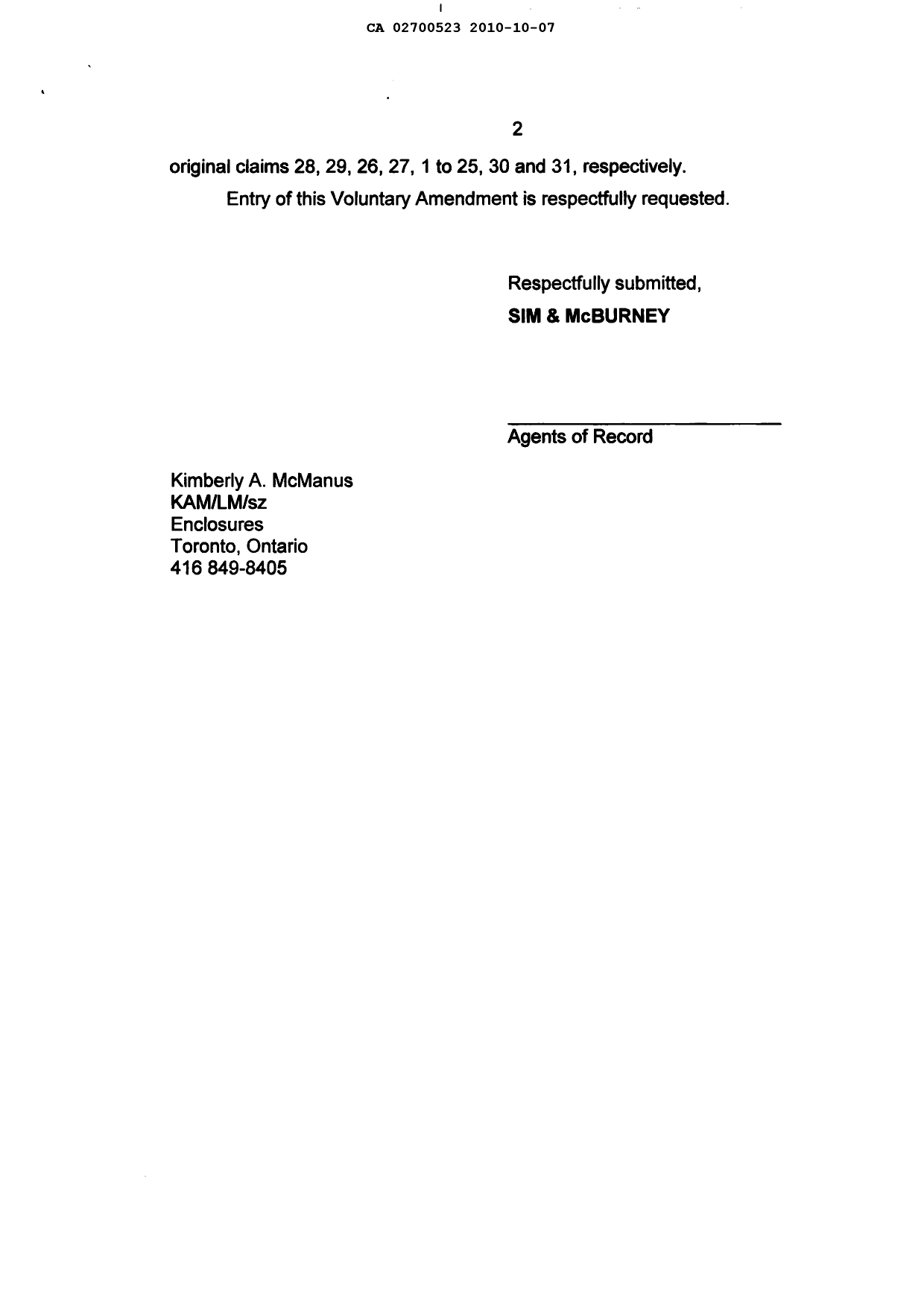 Canadian Patent Document 2700523. Prosecution-Amendment 20101007. Image 2 of 18