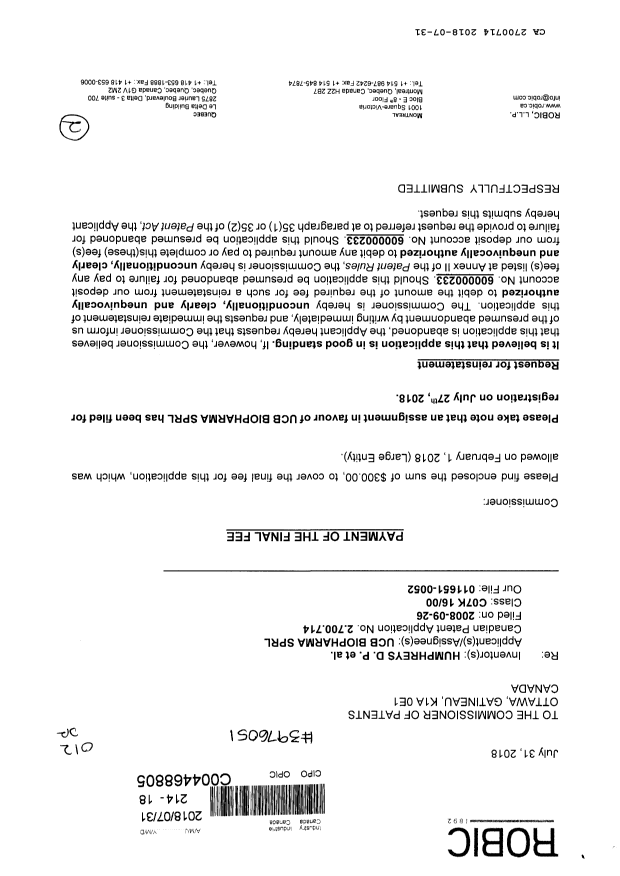 Canadian Patent Document 2700714. Final Fee 20180731. Image 1 of 2